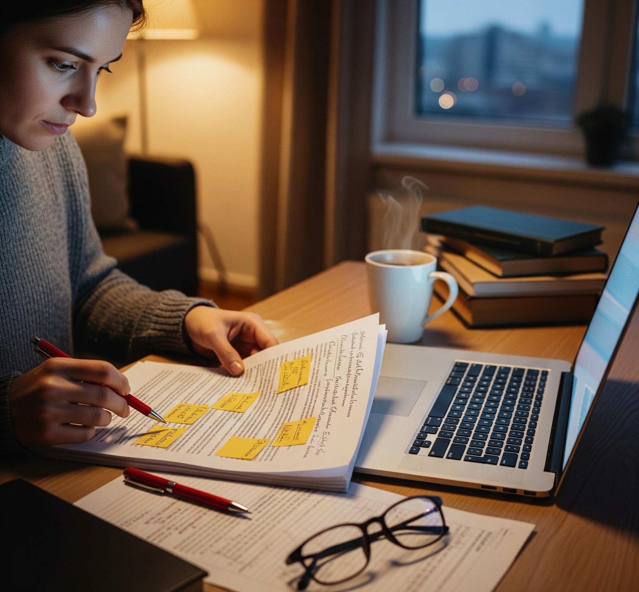A writer reviewing a printed manuscript with notes and a red pen beside a laptop, contemplating her choice of book editing services.