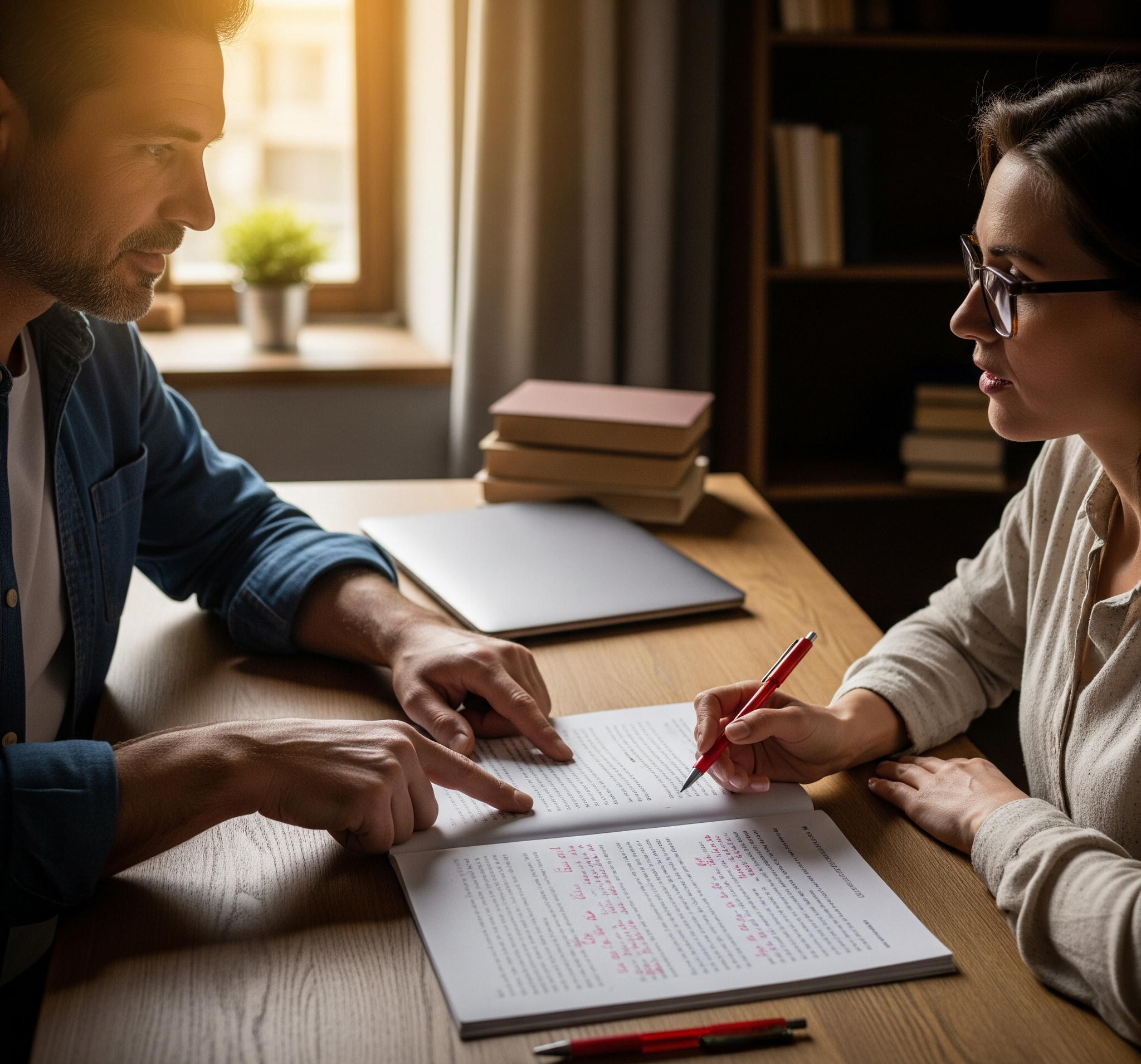 an author working with a professional editor on a manuscript, showing how to find a book editor