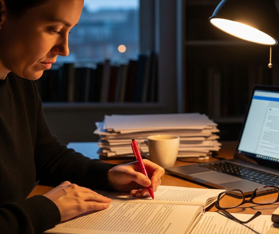A person reviewing their manuscript with a red pen, using self-editing strategies.