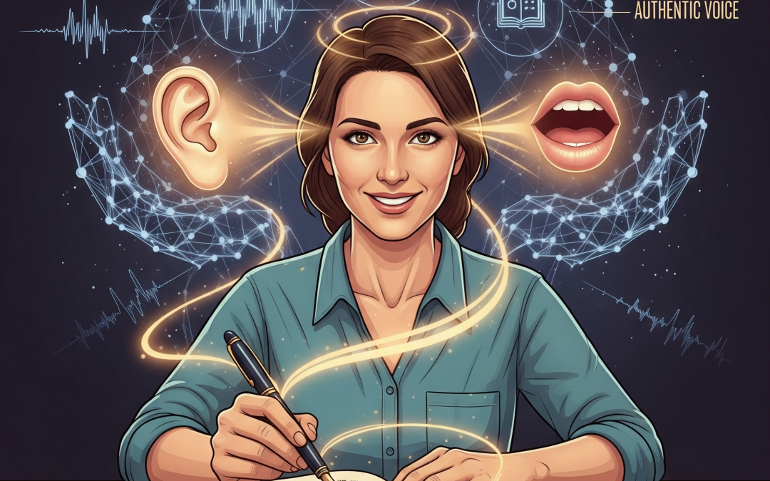 AI author branding – writer at laptop with digital icons representing artificial intelligence tools.