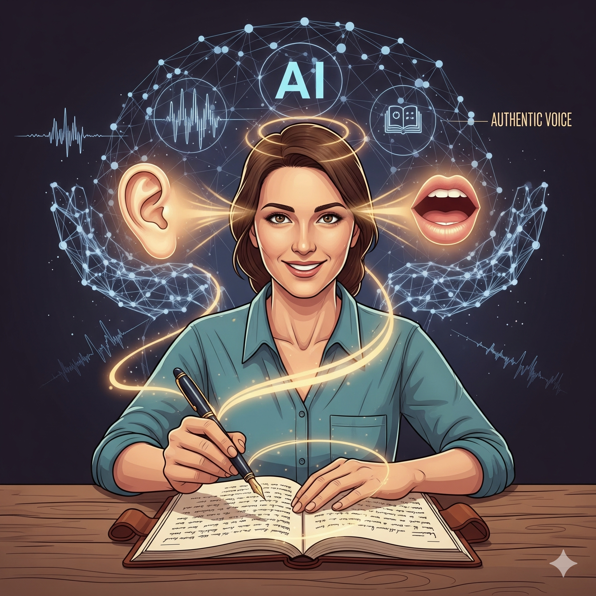 AI author branding &ndash; writer at laptop with digital icons representing artificial intelligence tools.