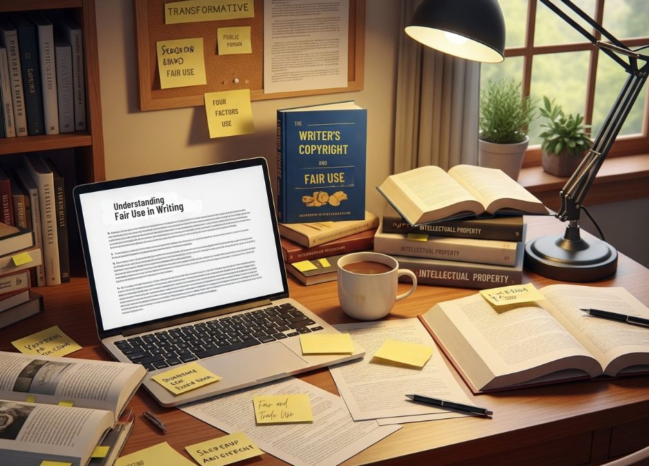 A writer’s desk with open books, a notebook, and a laptop, symbolizing how writers research and apply fair use responsibly.