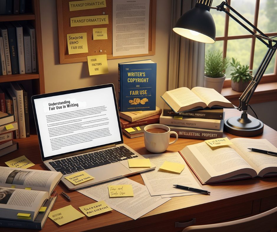 A writer&rsquo;s desk with open books, a notebook, and a laptop, symbolizing how writers research and apply fair use responsibly.