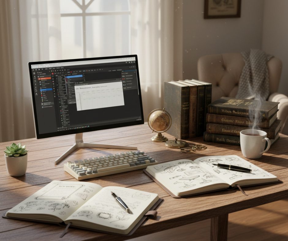 A writer&rsquo;s desk with open books, a notebook, and a laptop, symbolizing research into public domain for writers