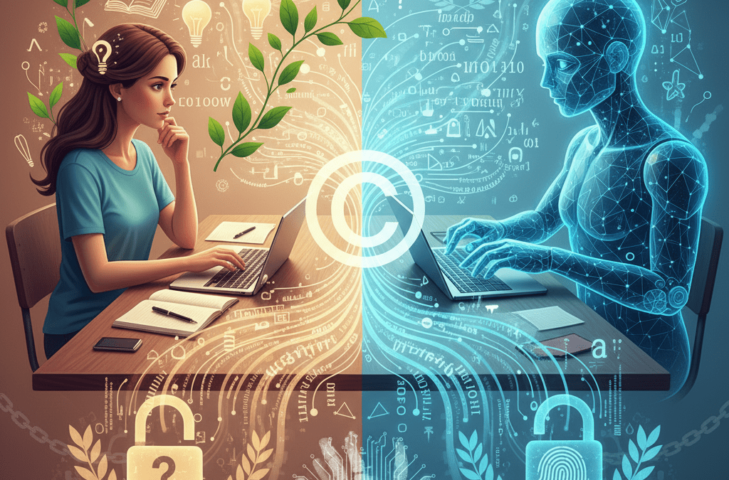 Illustration of a human and robotic hand co-writing on a notebook with copyright symbols floating above, representing AI and copyright in publishing.