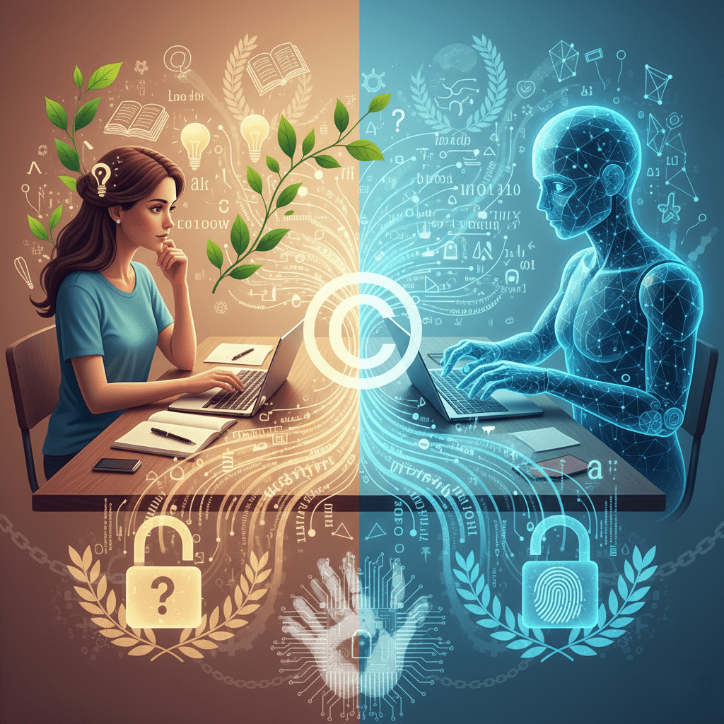 Illustration of a human and robotic hand co-writing on a notebook with copyright symbols floating above, representing AI and copyright in publishing.