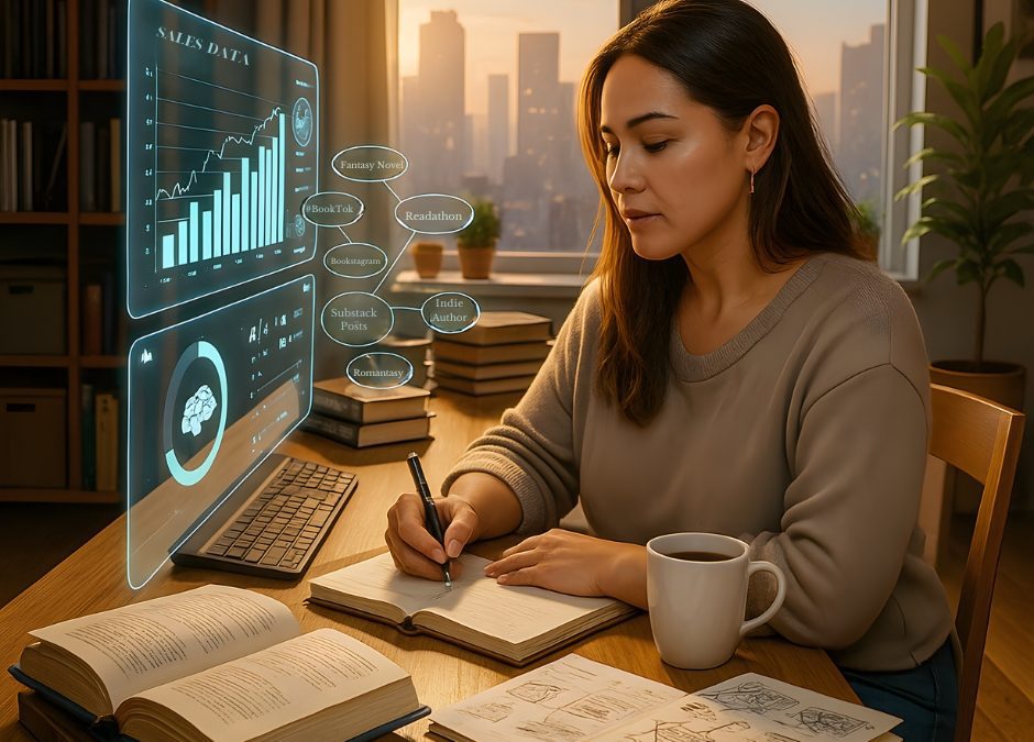 AI for book marketing illustration showing a balance between digital tools and an author’s personal connection with readers.