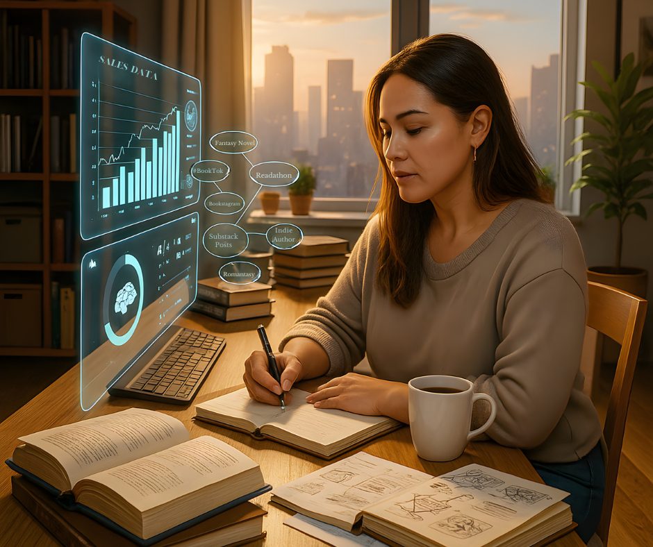 AI for book marketing illustration showing a balance between digital tools and an author&rsquo;s personal connection with readers.