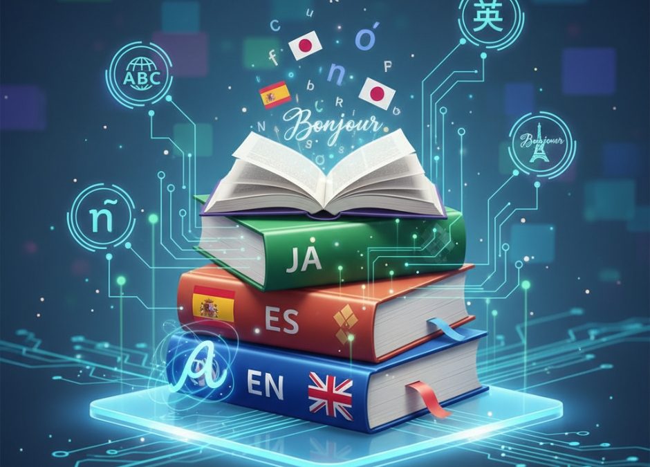 AI translation for authors illustration showing books connected by digital translation lines between different languages and alphabets.