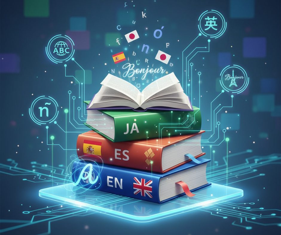AI translation for authors illustration showing books connected by digital translation lines between different languages and alphabets.