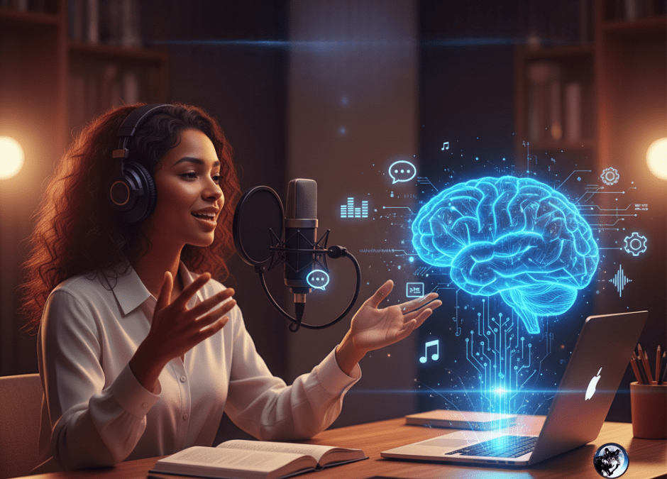 Illustration showing a human audiobook narrator and an AI voice generator side by side, symbolizing the balance between authentic emotion and digital innovation in audiobook production.