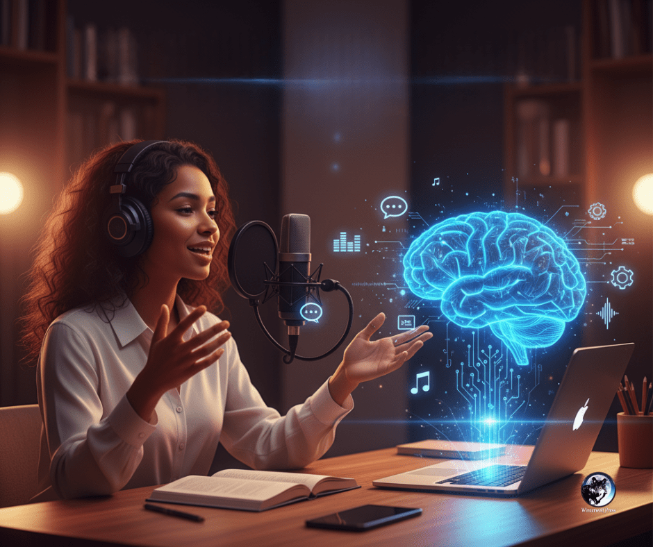 Illustration showing a human audiobook narrator and an AI voice generator side by side, symbolizing the balance between authentic emotion and digital innovation in audiobook production.