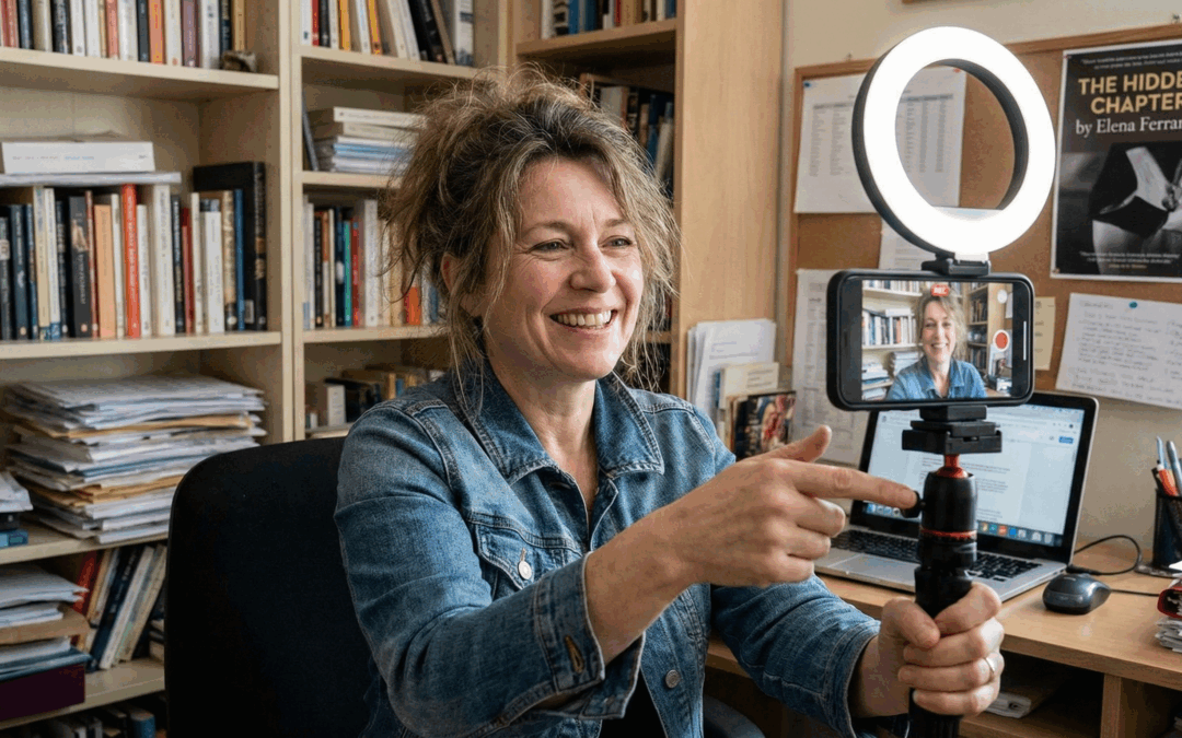 Author creating social media video content to connect with readers and promote books