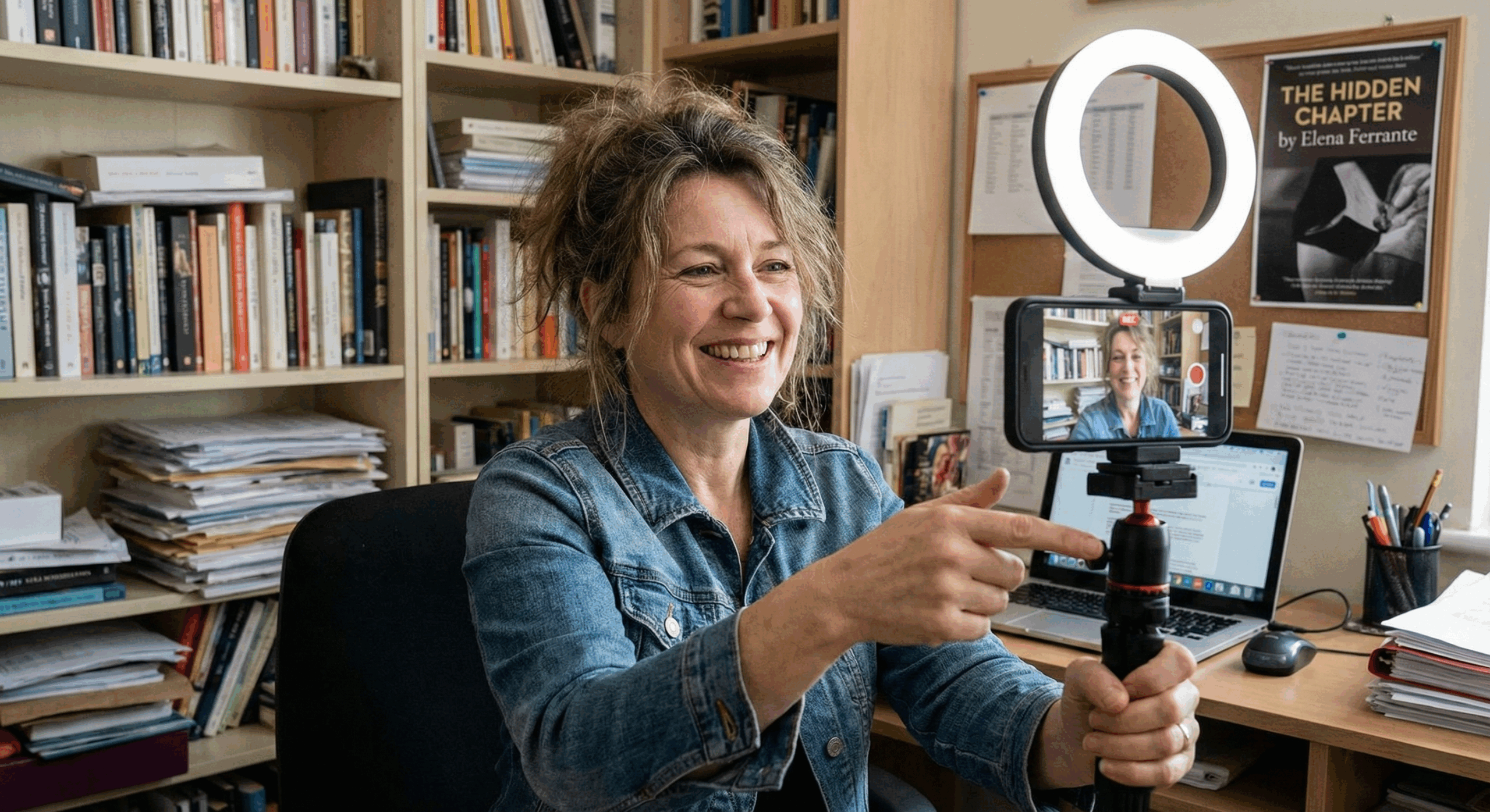 Author creating social media video content to connect with readers and promote books