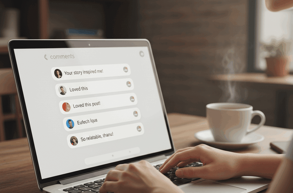 Author reading comments on a blog post on a laptop, representing blogging for writers and creative storytelling.