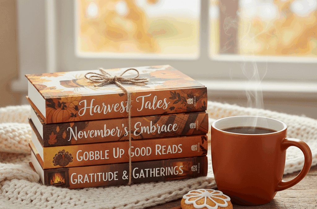 Stack of cozy fall books and coffee mug for November reads