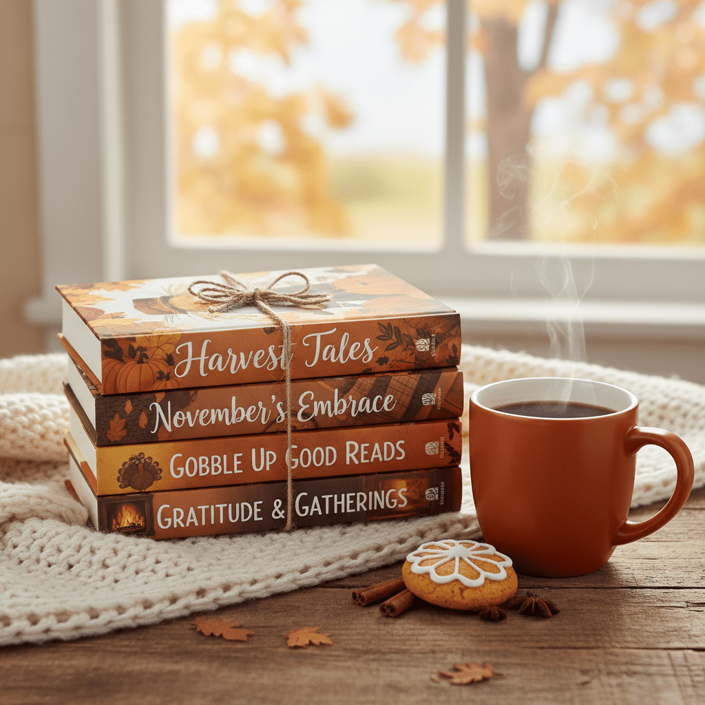 Stack of cozy fall books and coffee mug for November reads