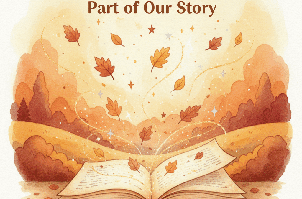 Warm illustration of an open book with glowing pages and autumn leaves, representing the Winterwolf Press Thanksgiving message.