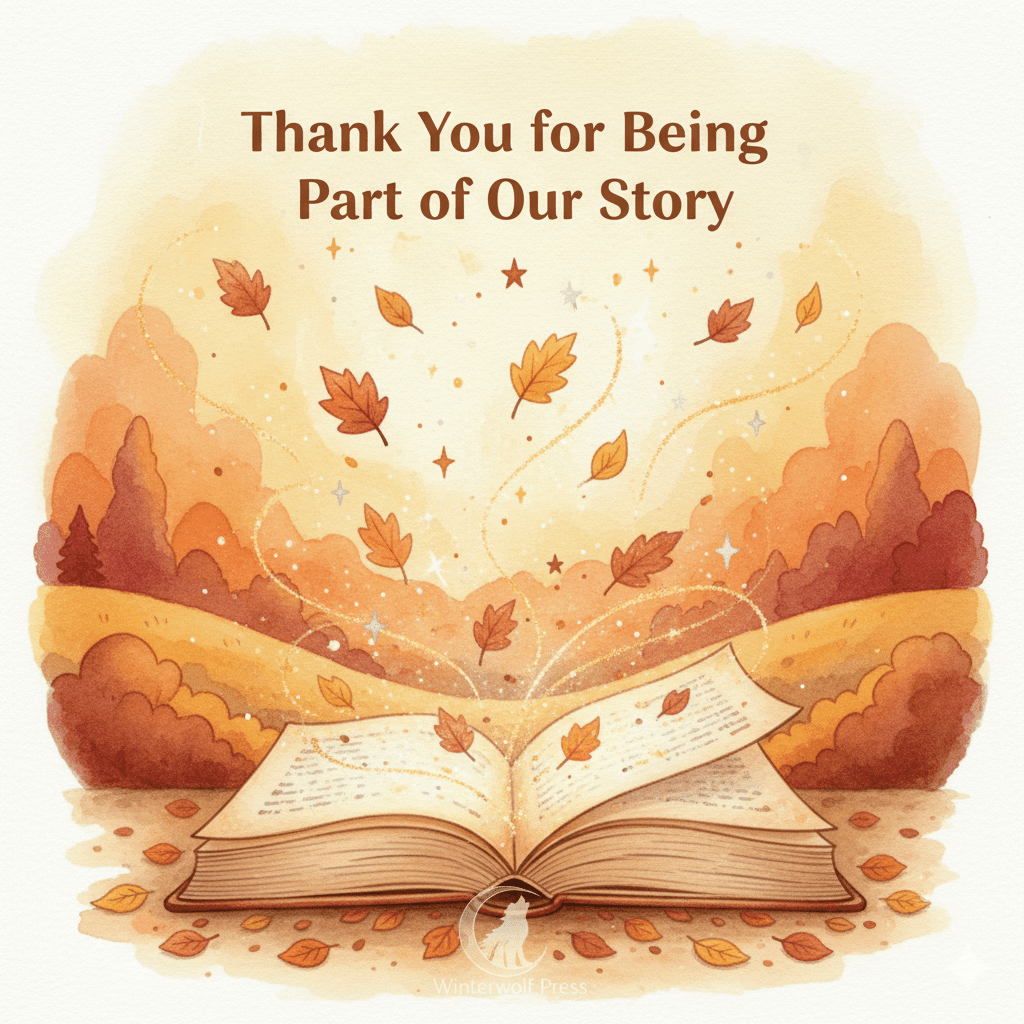 Warm illustration of an open book with glowing pages and autumn leaves, representing the Winterwolf Press Thanksgiving message.